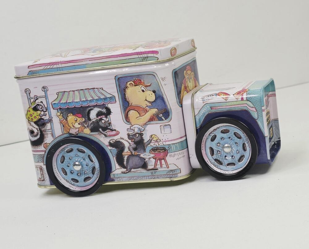 Vintage 1990’s Children's Tin Truck Bank and Camping Bear Tin Can - Collectible
